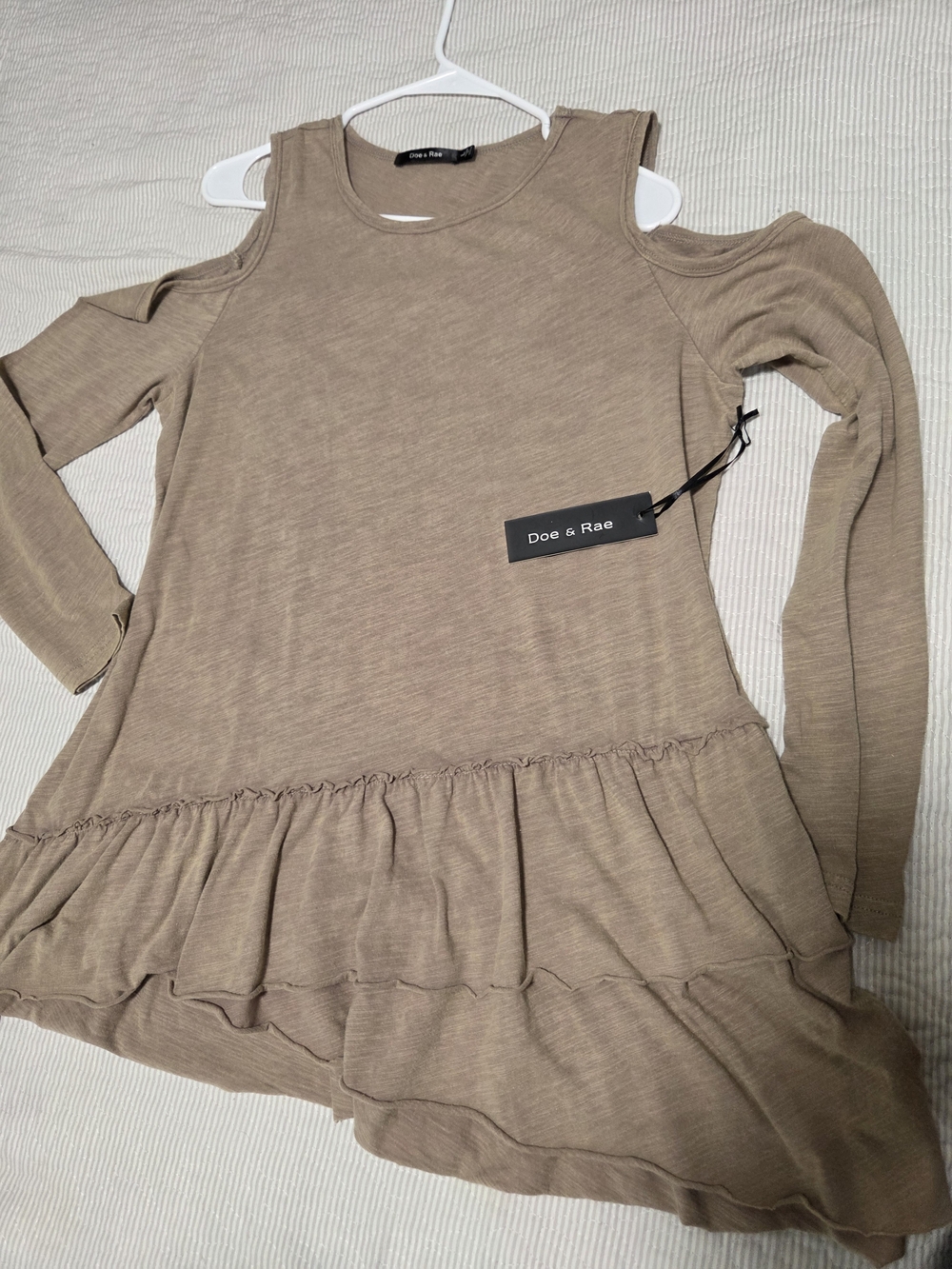 Doe & Rae Taupe Cold-Shoulder Ruffle-Hem Tunic